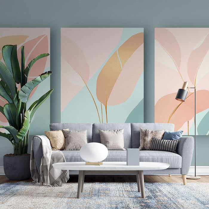 Fototapet abstrakte blade | En trio af pastelfarvede blade med gyldne strejf