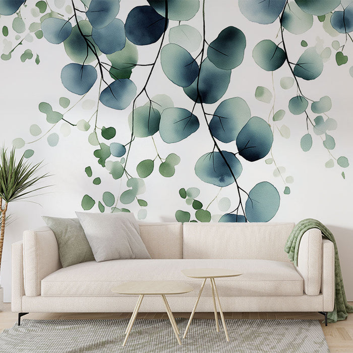 Tapet frunze acuarelă | Frunze delicate în tonuri de verde și albastru
