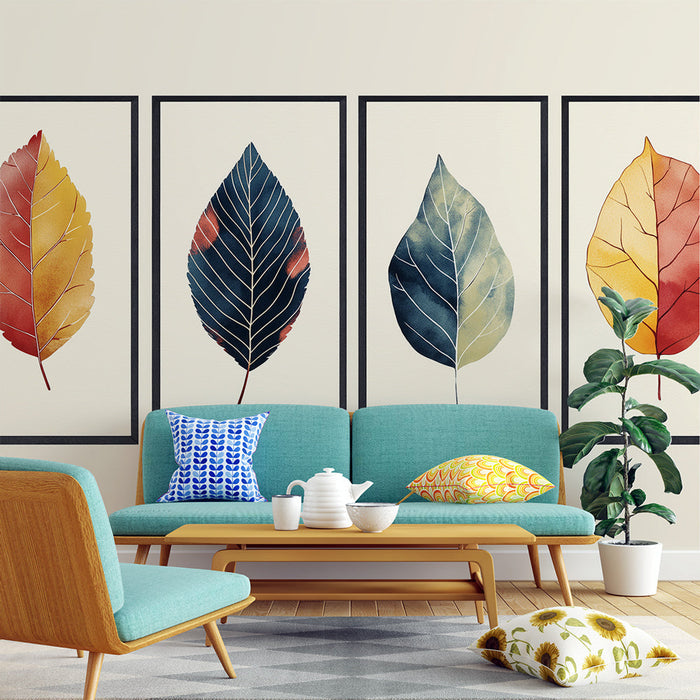 Tapete s vodenim bojama lišća | Kvadriptih stiliziranog lišća u jesenskim bojama