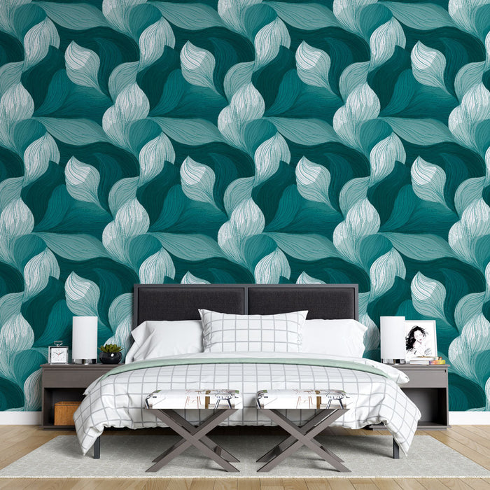 Tapeta aquatis listy | Vlnitý rostlinně inspirovaný vzor v zelených a bílých tónech