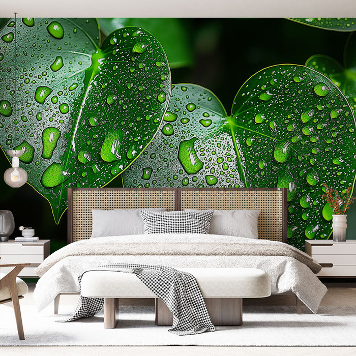 Muraalseinapaber lehed veepiiskadega | Kaunid rohelised lehed, kaunistatud vihmapärlitega
