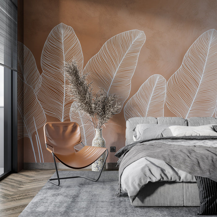 Fototapet vita löv | Eleganta stiliserade löv på terrakottabakgrund
