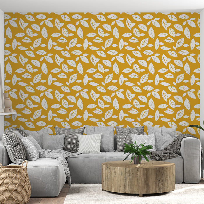 Mural Wallpaper white leaves | Leaf pattern on a golden background