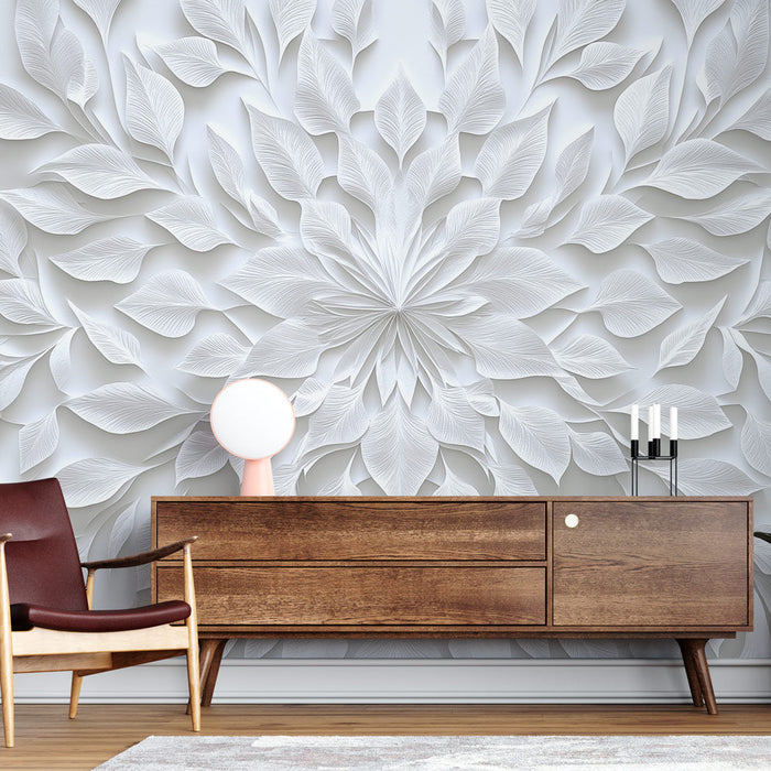 Ταπετσαρία τοίχου white-leaves | Λεπτό ανάγλυφο μοτίβο φύλλων σε λευκό φόντο
