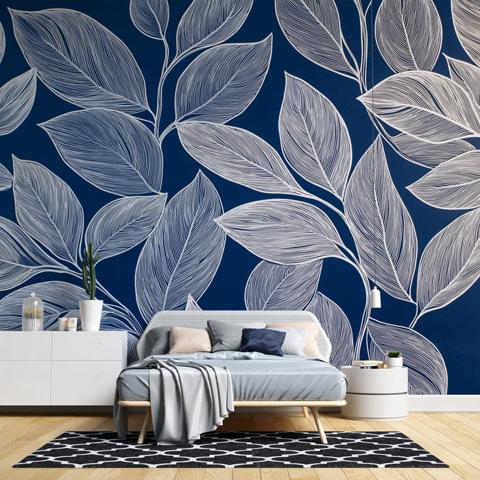 Muraaltapeet lehed | Sinine ja hõbedane