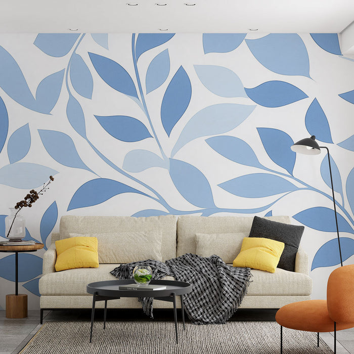 Mural Wallpaper blue leaves | Soft silhouettes on white background