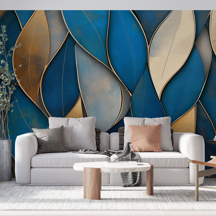 Mural Wallpaper blue and golden leaves | Elegant texture and modern design