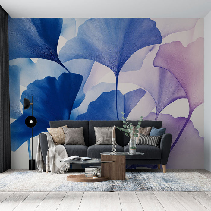 Mural Wallpaper blue and lilac leaves | Delicate textures on a light background