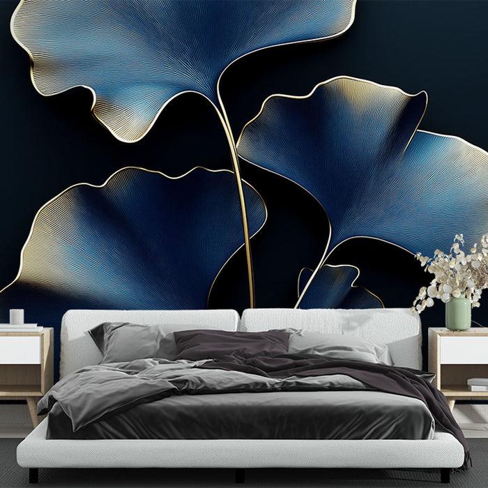 Mural Wallpaper blue leaves | Delicate foliage on a dark background