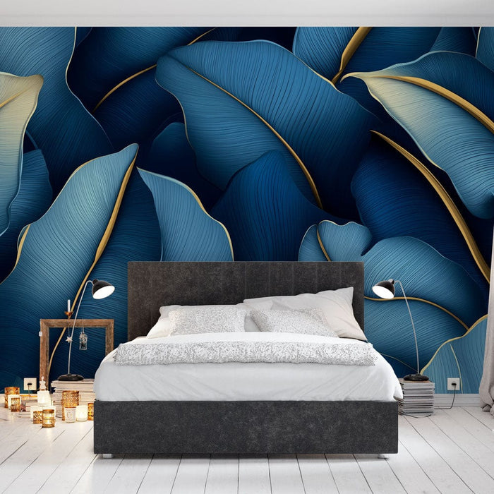 Fototapet blå blade | Stiliserede blade i nuancer af blå og guld