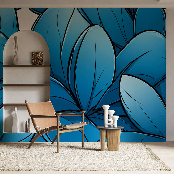 Papel pintado blue leaves | Stylized and bright leaves