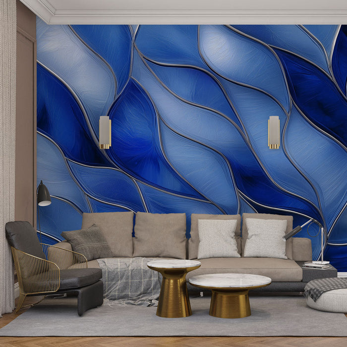 Mural Wallpaper blue leaves | Fluid textures and luminous reflections