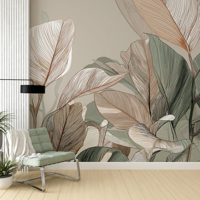 Fototapet botanik yapraklar | Toprak tonları ve zarif çizgilerle narin yapraklar