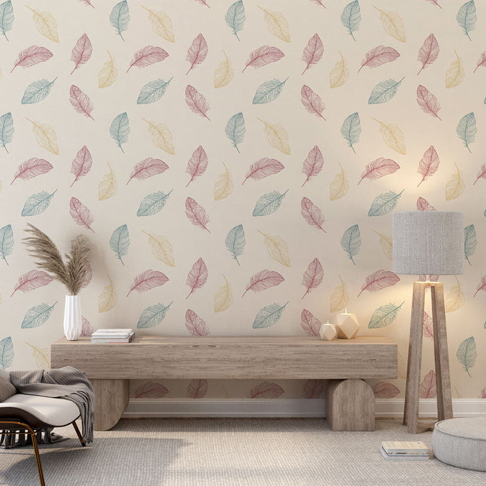 Tapet cu frunze colorate | Frunze delicate în nuanțe pastel pe un fundal deschis