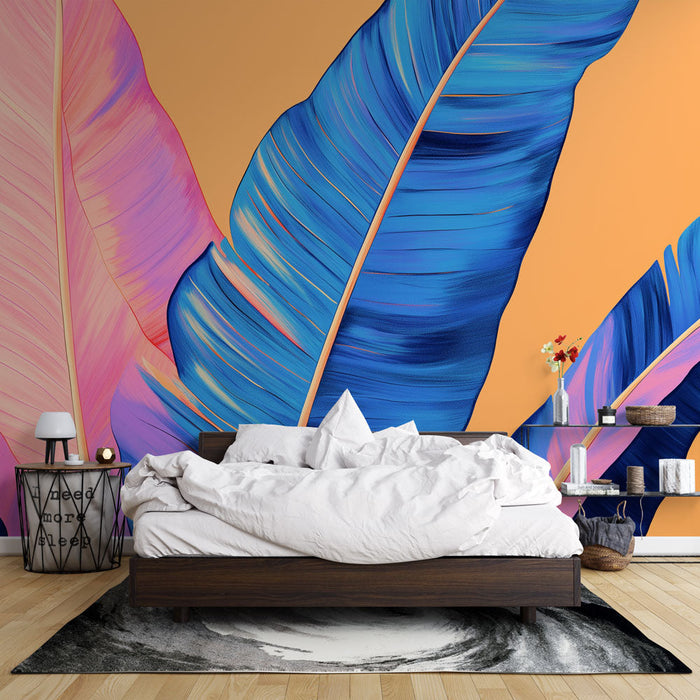 Tapeta barevné listy | Živé tropické listy na oranžovém pozadí