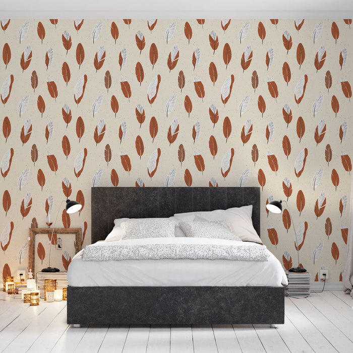 Papel pintado hojas coloridas | Patrón de hojas marrones y blancas sobre un fondo beige