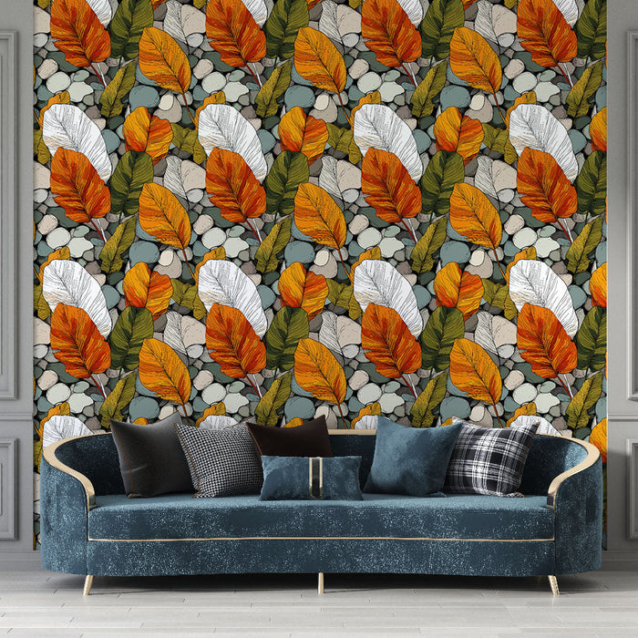 Tapeta s pestrobarevnými listy | Vzor oranžových, bílých a zelených listů na pozadí oblázků