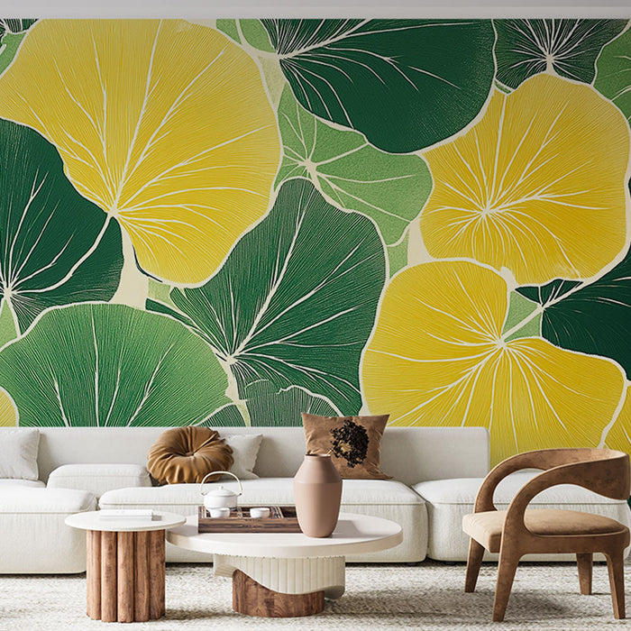 Mural Wallpaper colored leaves | Pattern of large green and yellow leaves