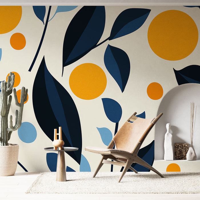 Mural Wallpaper colored leaves | Dynamic pattern with orange and blue circles