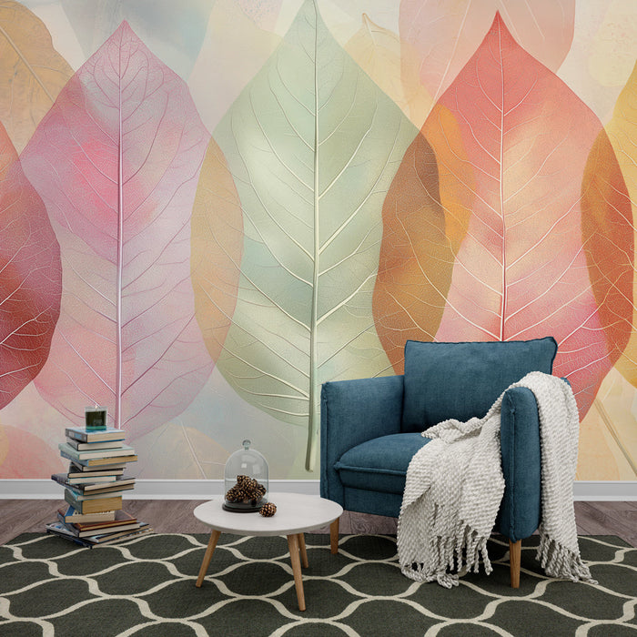 Tapet cu frunze colorate | Model elegant de frunze în culori pastelate