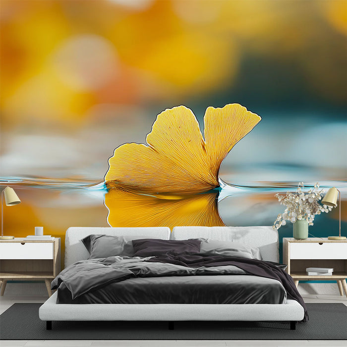 Mural Wallpaper autumn leaves | Floating ginkgo leaf on a blurred background