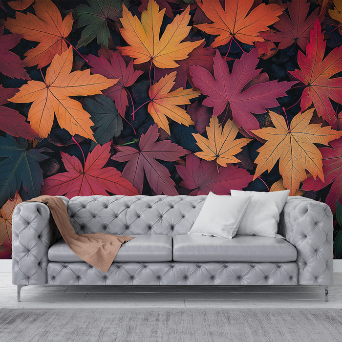 Mural Wallpaper autumn leaves | Colorful pattern of maple leaves in warm tones