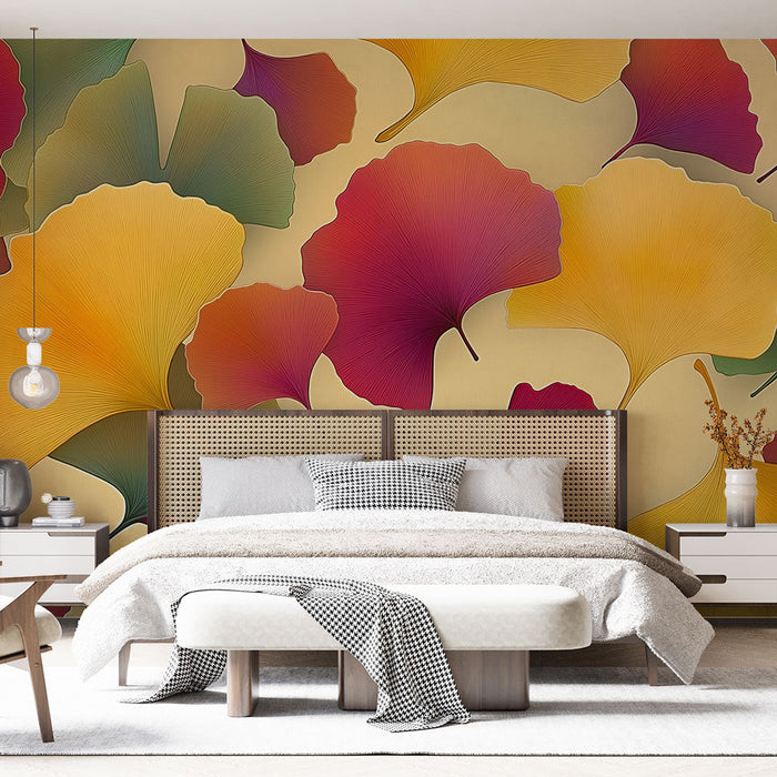 Mural Wallpaper autumn leaves | Colorful Ginkgo leaf pattern on a soft background