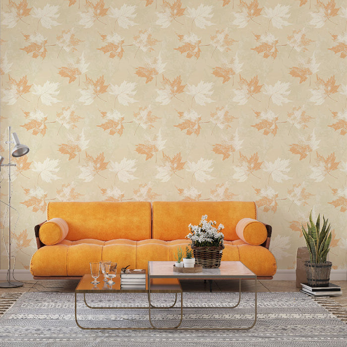 Mural Wallpaper autumn leaves | Delicate pattern of pastel-colored leaves on a light background