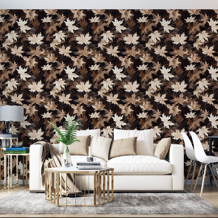 Mural Wallpaper autumn leaves | Delicate pattern of leaves on a dark background