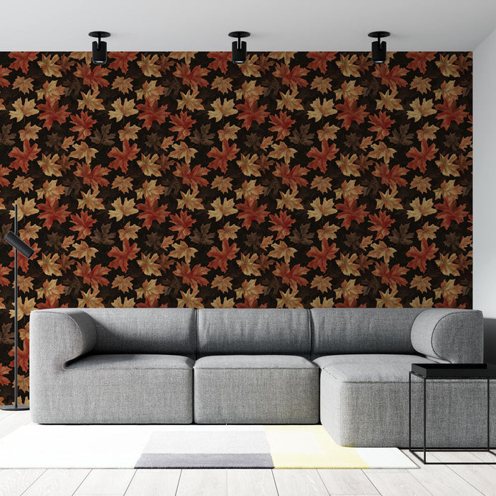 Mural Wallpaper autumn leaves | Leaf patterns in warm colors on a black background