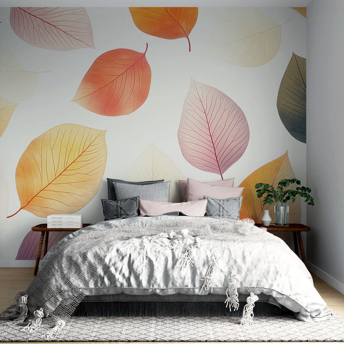 Őszi levelek tapéta | Finom színes levelek mintázata fehér alapon