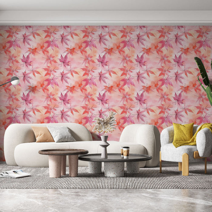 Mural Wallpaper maple leaves | Delicate watercolor maple leaf pattern on a pink background