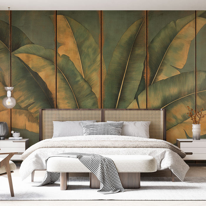 Tapete μπανάνας φύλλο | Στιλιζαρισμένα φύλλα σε σμαραγδένιο φόντο