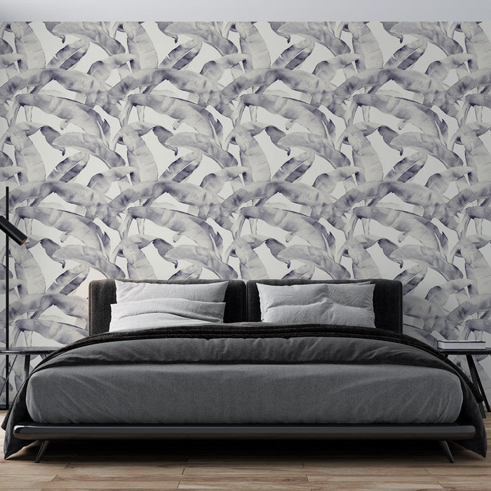 Tapete Bananenblätter | Subtiles Muster aus zarten Blättern in Grautönen