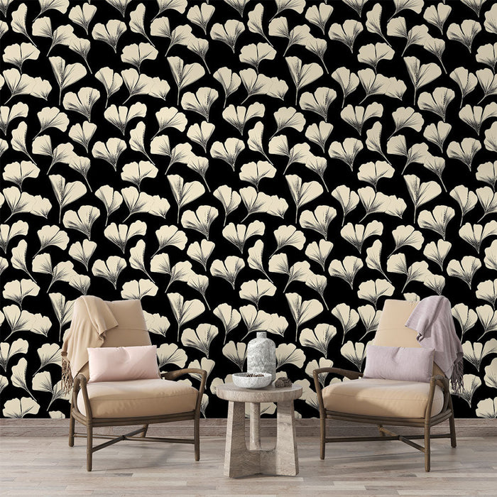 Fototapeta listi ginka | Eleganten vzorec listov ginka na črnem ozadju