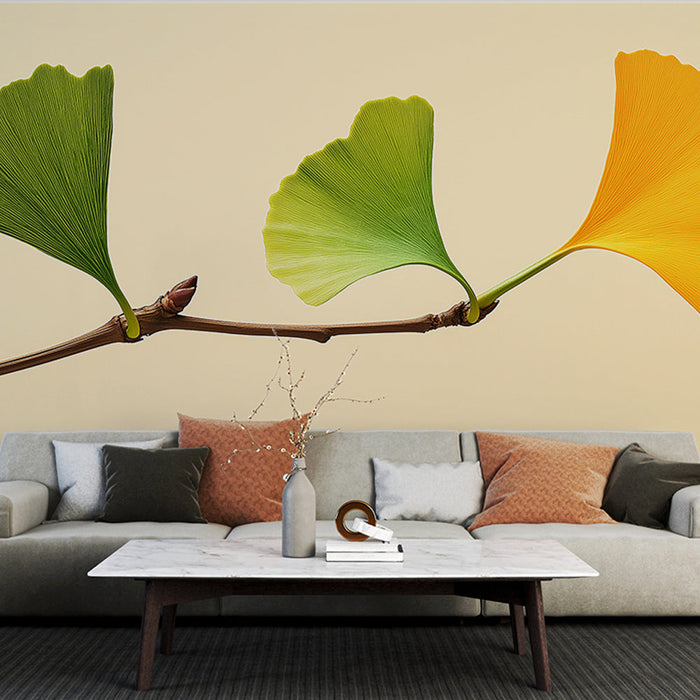 Foto Behang Ginkgo Bladeren | Groene en gele Ginkgo bladeren aan een elegante tak