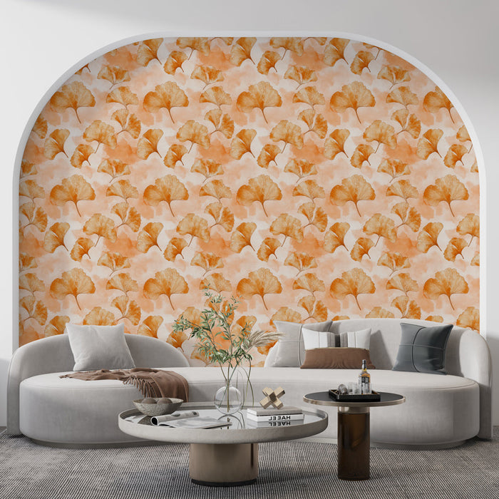 Mural Wallpaper ginkgo leaves | Bright pattern of orange ginkgo leaves on a soft background