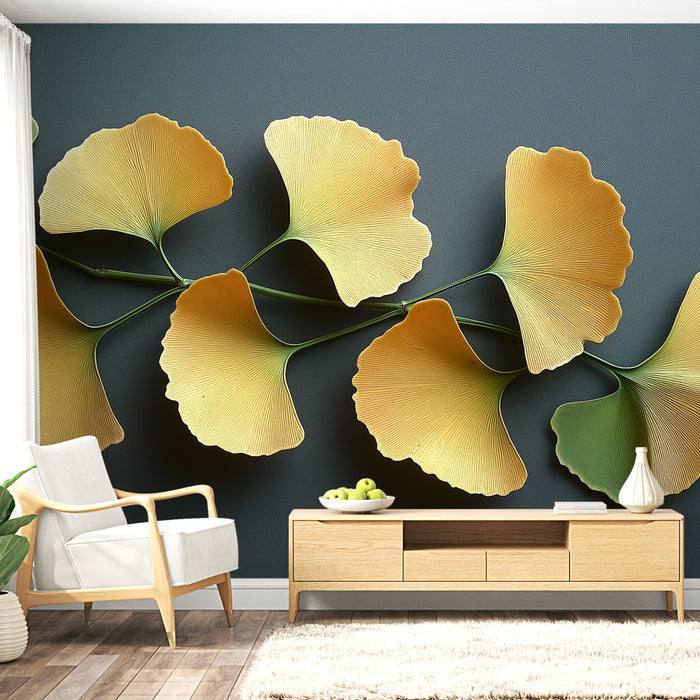 Papel pintado hojas de ginkgo | Patrón elegante de hojas de ginkgo en tonos de amarillo y verde