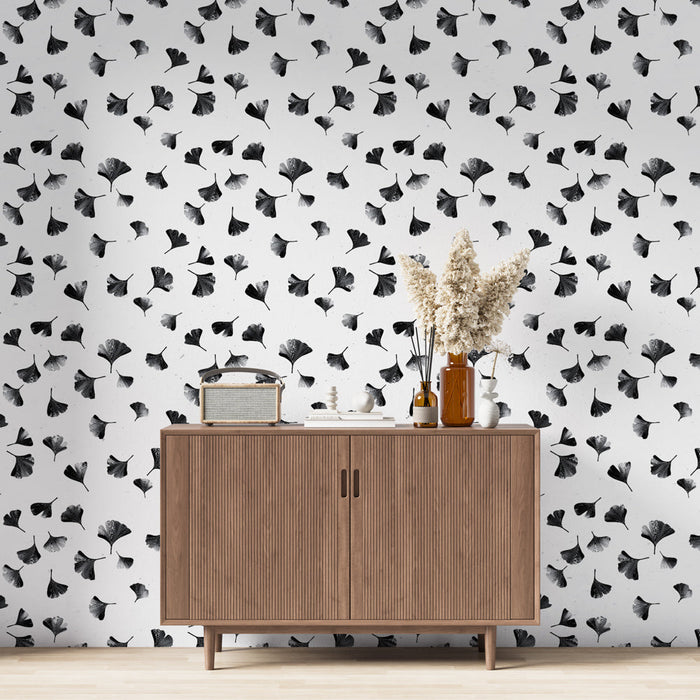 Tapete Ginkgo Blätter | Elegantes Ginkgo-Blattmuster in Schwarz und Weiß