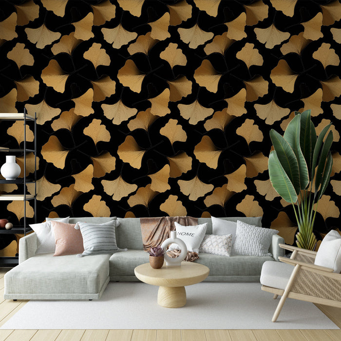 Tapeta listy jinanu | Elegantní vzor zlatých listů na černém pozadí