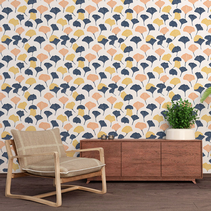 Tapete ginkgo listovi | Ginkgo uzorak u plavoj, narančastoj i žutoj boji na bijeloj pozadini