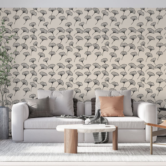 Papel de parede folhas de ginkgo | Padrões delicados em preto em um fundo bege