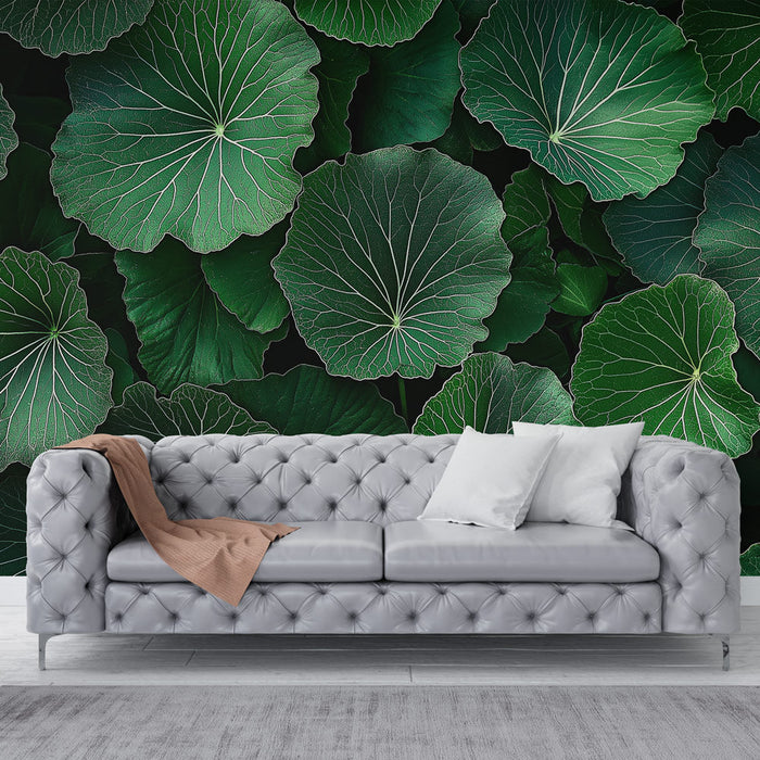 Tapeta liście lotosu | Bujny wzór zielonych liści z delikatnymi żyłkami
