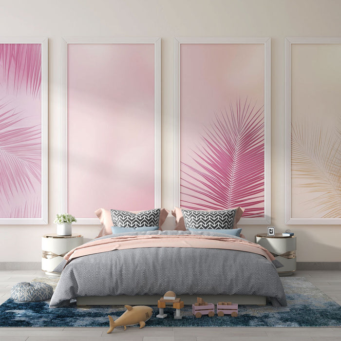 Tapetti palmunlehti | Herkät kuviot vaaleanpunaisissa ja kultaisissa sävyissä