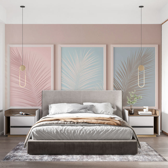 Tapet cu frunze de palmier | Modele delicate pe un fundal pastel.