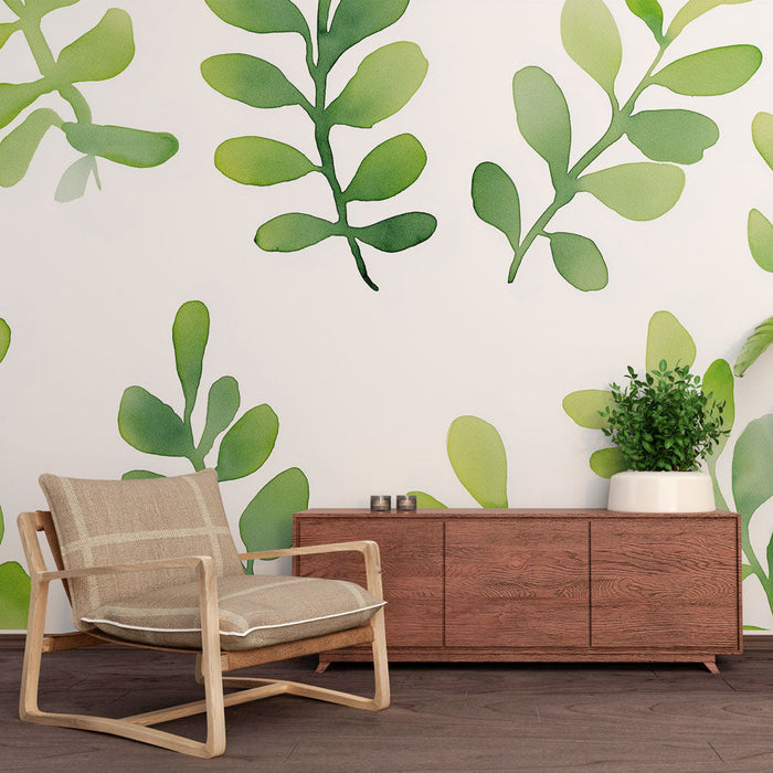 Mural Wallpaper listi | Pastelno zelena barva na beli podlagi