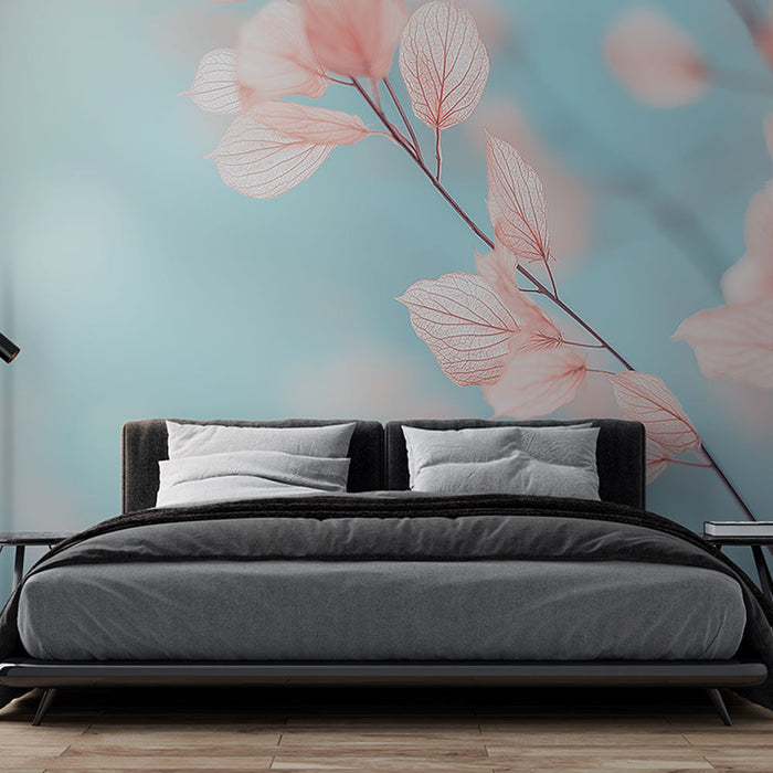 Mural Wallpaper delicate leaves | Soft pastel shades on a blurred background