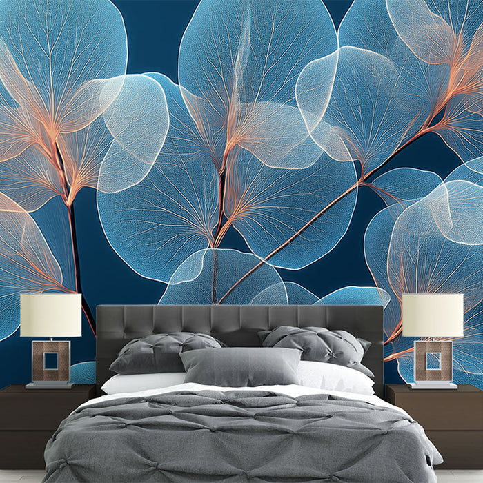 Mural Wallpaper delicate leaves | Airy pattern of transparent leaves on a blue background