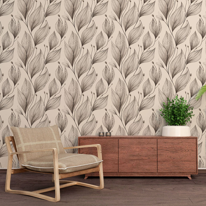 Tapeta delikatne liście | Szary wzór liści na beżowym tle
