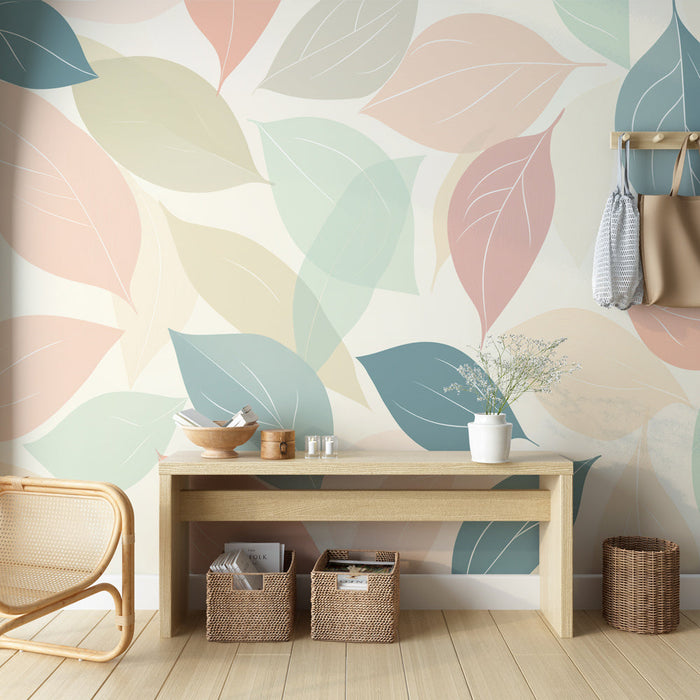 Papel pintado delicate-leaves | Patrón de hojas en tonos pastel sobre fondo claro